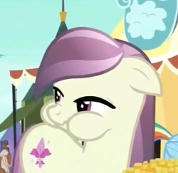 Size: 465x452 | Tagged: safe, screencap, character:fleur de verre, species:crystal pony, species:pony, episode:the crystal empire, g4, my little pony: friendship is magic, aweeg*, background pony, chewing, chubby cheeks, cropped, cute, eating, female, looking sideways, mare, puffy cheeks, scrunchy face, solo