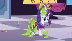 Size: 1280x720 | Tagged: safe, screencap, character:discord, character:fine line, character:perfect pace, character:rarity, character:smooze, episode:make new friends but keep discord, g4, my little pony: friendship is magic, animated, assisted exposure, blushing, clothing theft, covering, embarrassed, embarrassed nude exposure, female, naked rarity, nudity, sound, vacuum cleaner, webm