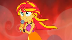 Size: 1920x1080 | Tagged: safe, screencap, character:sunset shimmer, equestria girls:rainbow rocks, g4, my little pony:equestria girls, clothing, female, microphone, skirt, solo, windswept mane