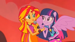 Size: 1920x1080 | Tagged: safe, screencap, character:sunset shimmer, character:twilight sparkle, character:twilight sparkle (alicorn), equestria girls:rainbow rocks, g4, my little pony:equestria girls, clothing, female, microphone, ponied up, rainbow rocks outfit, skirt