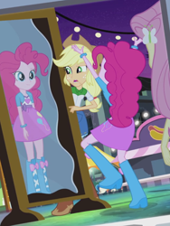 Size: 1536x2048 | Tagged: safe, screencap, character:applejack, character:fluttershy, character:pinkie pie, episode:a perfect day for fun, equestria girls:rainbow rocks, g4, my little pony:equestria girls, cute, duo, female, mirror, open mouth, pinkie being pinkie, raised leg, smiling