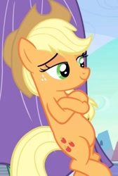 Size: 585x868 | Tagged: safe, screencap, character:applejack, episode:the crystal empire, g4, my little pony: friendship is magic, bipedal, bipedal leaning, cool, crossed hooves, leaning, lidded eyes, sheet