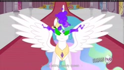 Size: 1920x1080 | Tagged: safe, screencap, character:princess celestia, dark magic, sombra eyes, spread wings, wings, youtube caption, youtube link