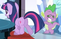 Size: 971x629 | Tagged: safe, screencap, character:spike, character:twilight sparkle, species:dragon, species:pony, episode:the crystal empire, g4, my little pony: friendship is magic, butt, dat butt, female, male, mare, meme, out of context, plot