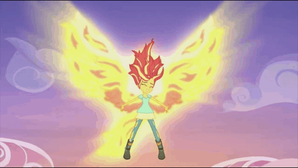 Size: 602x340 | Tagged: safe, screencap, character:sunset shimmer, episode:my past is not today, equestria girls:rainbow rocks, g4, my little pony:equestria girls, animated, fiery shimmer, fiery wings, gif, happy, sunset phoenix