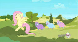 Size: 1366x738 | Tagged: safe, screencap, character:fluttershy, species:pony, species:sheep, episode:the crystal empire, g4, my little pony: friendship is magic, bipedal, cute, eyes closed, happy, open mouth, skipping, smiling, spread wings, tiny ewes, wings