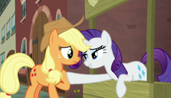 Size: 1280x738 | Tagged: safe, screencap, character:applejack, character:rarity, species:pony, episode:made in manehattan, g4, my little pony: friendship is magic, booth, city