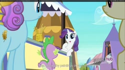 Size: 1920x1080 | Tagged: safe, screencap, character:fleur de verre, character:rarity, character:sapphire joy, character:spike, species:crystal pony, species:pony, episode:the crystal empire, g4, my little pony: friendship is magic, female, hub logo, mare, youtube caption