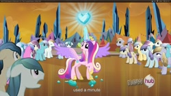 Size: 1920x1080 | Tagged: safe, screencap, character:crystal arrow, character:fleur de verre, character:ivory, character:ivory rook, character:paradise (g4), character:princess cadance, character:sapphire joy, character:spike, species:crystal pony, species:pony, episode:the crystal empire, g4, my little pony: friendship is magic, arctic lily, background pony, check mate, crystal heart, female, glowing horn, horn, hub logo, levitation, magic, male, mare, stallion, telekinesis, winnow wind, youtube caption