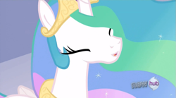 Size: 853x475 | Tagged: safe, screencap, character:princess celestia, species:alicorn, species:pony, episode:the crystal empire, g4, my little pony: friendship is magic, cute, cutelestia, eyes closed, female, great moments in animation, hub logo, jewelry, mare, open mouth, peytral, regalia, smiling, solo