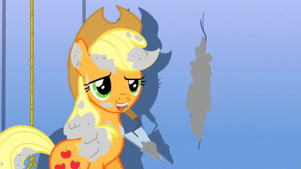 Size: 427x240 | Tagged: safe, screencap, character:applejack, episode:it's about time, g4, my little pony: friendship is magic, animated, cement, eyes closed, implied rarity, levitation, magic, messy mane, mouth hold, offscreen character, rag, telekinesis, trowel