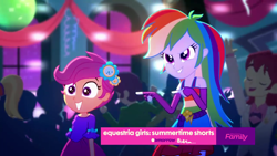 Size: 1280x720 | Tagged: safe, screencap, character:captain planet, character:cloudy kicks, character:indigo wreath, character:nolan north, character:rainbow dash, character:scootaloo, species:pegasus, species:pony, episode:raise this roof, eqg summertime shorts, g4, my little pony:equestria girls, clothing, cloudy kicks, discovery family logo, fall formal outfits, fingerless gloves, gloves, indigo wreath, nolan north