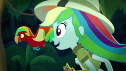 Size: 1920x1080 | Tagged: safe, screencap, character:rainbow dash, species:parrot, episode:leaping off the page, eqg summertime shorts, g4, my little pony:equestria girls, clothing, daring do costume, dash and scootaloo's cycle of obsession, forest, happy, hat, jungle, midriff, pith helmet, running, short shirt, smiling, solo, tree