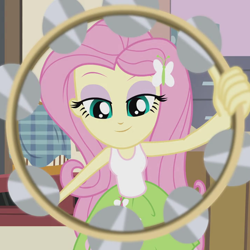 Size: 720x720 | Tagged: safe, screencap, character:fluttershy, episode:hamstocalypse now, equestria girls:rainbow rocks, g4, my little pony:equestria girls, clothing, cropped, musical instrument, skirt, solo, tambourine, tank top