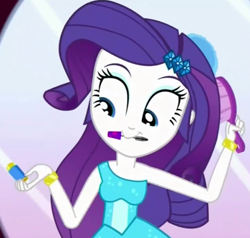 Size: 686x652 | Tagged: safe, screencap, character:rarity, episode:make up shake up, eqg summertime shorts, g4, my little pony:equestria girls, brush, brushing, eyes on the prize, mouth hold, solo