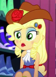 Size: 444x616 | Tagged: safe, screencap, character:applejack, episode:make up shake up, episode:simple ways, eqg summertime shorts, g4, my little pony: friendship is magic, my little pony:equestria girls, applejewel, bare shoulders, clothing, cowboy hat, fall formal outfits, hat, lipstick, makeup, sleeveless, solo, strapless