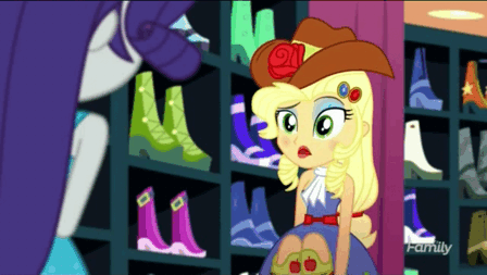 Size: 448x253 | Tagged: safe, screencap, character:applejack, character:rarity, episode:make up shake up, eqg summertime shorts, g4, my little pony:equestria girls, animated, applejewel, boots, fall formal outfits, gif, lipstick, makeup, shoes