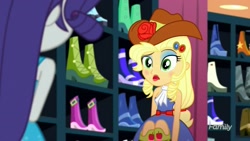 Size: 1920x1080 | Tagged: safe, screencap, character:applejack, character:rarity, episode:make up shake up, eqg summertime shorts, g4, my little pony:equestria girls, applejewel, boots, clothing, fall formal outfits, hat, lipstick, makeup, shoes