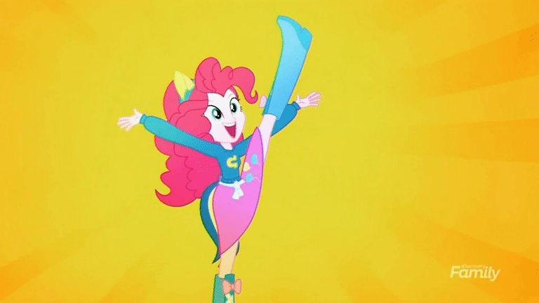 Size: 768x432 | Tagged: safe, screencap, character:pinkie pie, episode:steps of pep, eqg summertime shorts, g4, my little pony:equestria girls, animated, clothing, discovery family logo, flexible, gif, skirt, solo