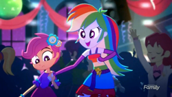 Size: 1366x768 | Tagged: safe, screencap, character:cloudy kicks, character:indigo wreath, character:nolan north, character:rainbow dash, character:scootaloo, species:pegasus, species:pony, episode:raise this roof, eqg summertime shorts, g4, my little pony:equestria girls, clothing, cloudy kicks, dress, fall formal outfits, holding hands, indigo wreath, nolan north