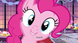 Size: 852x477 | Tagged: safe, screencap, character:pinkie pie, species:earth pony, species:pony, cupcake, despair, female, looking at you, mare, smiling, solo, youtube caption