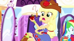 Size: 1920x1080 | Tagged: safe, screencap, character:applejack, character:rainbow dash, episode:make up shake up, eqg summertime shorts, g4, my little pony:equestria girls, apple, bare shoulders, fall formal outfits, food, sleeveless, solo focus, strapless