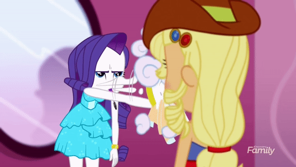 Size: 600x338 | Tagged: safe, screencap, character:applejack, character:rarity, episode:make up shake up, eqg summertime shorts, g4, my little pony:equestria girls, animated, annoyed, applejewel, bare shoulders, fall formal outfits, gif, rarara, rarity is not amused, sleeveless, unamused, upset
