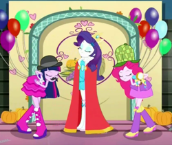 Size: 700x590 | Tagged: safe, screencap, character:pinkie pie, character:rarity, character:twilight sparkle, episode:a photo booth story, eqg summertime shorts, g4, my little pony:equestria girls, cape, cloak, clothing, crown, fall formal outfits, jewelry, queen, queen rarity, regalia