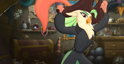 Size: 900x467 | Tagged: safe, official, screencap, character:captain celaeno, species:anthro, my little pony: the movie (2017), clothing, female, hat, pirate hat, solo, storm king's messenger outfit