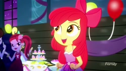 Size: 1920x1080 | Tagged: safe, screencap, character:apple bloom, episode:raise this roof, eqg summertime shorts, g4, my little pony:equestria girls, adorabloom, apple bloom's bow, bare arms, bare shoulders, bow, clothing, cute, dress, fall formal, fall formal outfits, female, hair bow, sleeveless, sleeveless dress, solo focus