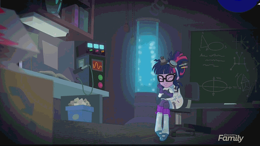Size: 854x480 | Tagged: safe, screencap, character:twilight sparkle, character:twilight sparkle (scitwi), species:eqg human, episode:mad twience, eqg summertime shorts, g4, my little pony:equestria girls, adorkable, animated, clothing, cute, dork, excited, eyes closed, gif, lab coat, laboratory, loop, mad scientist, nerdgasm, science, solo, twiabetes