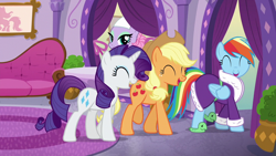 Size: 1280x720 | Tagged: safe, screencap, character:applejack, character:rainbow dash, character:rarity, species:earth pony, species:pegasus, species:pony, species:unicorn, episode:applejack's day off, bathrobe, breaking the fourth wall, clothing, cute, dashabetes, eyes closed, female, jackabetes, laughing, laughingmares.jpg, mare, raribetes, robe, slippers, tank slippers