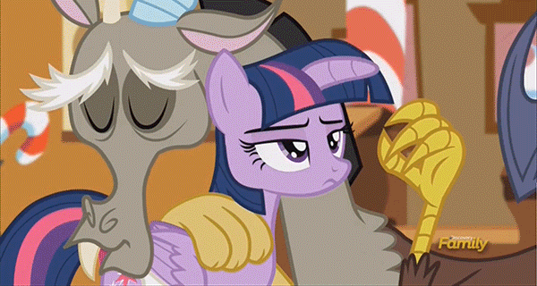 Size: 600x320 | Tagged: safe, screencap, character:discord, character:twilight sparkle, character:twilight sparkle (alicorn), species:alicorn, species:pony, episode:what about discord?, g4, my little pony: friendship is magic, animated, floppy horn, gif, unamused