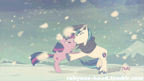 Size: 500x281 | Tagged: safe, screencap, character:shining armor, character:twilight sparkle, episode:the crystal empire, g4, my little pony: friendship is magic, animated, bipedal, bipedal leaning, clothing, hub logo, hug, leaning, scarf, snow, snow goggles, snowfall