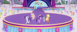 Size: 1280x536 | Tagged: safe, screencap, character:applejack, character:derpy hooves, character:fleetfoot, character:fluttershy, character:rainbow dash, character:rarity, character:silver lining, character:soarin', character:spike, character:twilight sparkle, character:twilight sparkle (alicorn), species:alicorn, species:dragon, species:pony, my little pony: the movie (2017), animated, clumsy, fake horn, falling, no sound, stage, webm, wonderbolts