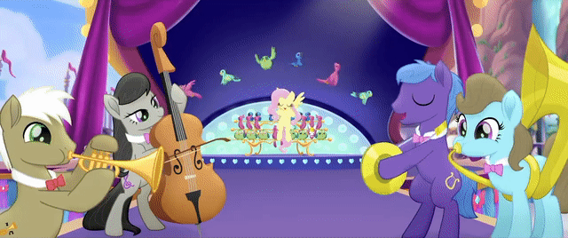 Size: 640x268 | Tagged: safe, screencap, character:beauty brass, character:fluttershy, character:frederic horseshoepin, character:octavia melody, character:parish nandermane, my little pony: the movie (2017), animated, cello, cymbals, gif, musical instrument, parish nandermane, sousaphone, trumpet