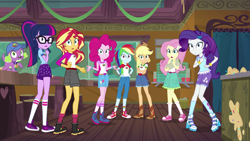 Size: 1280x720 | Tagged: safe, screencap, character:applejack, character:fluttershy, character:pinkie pie, character:rainbow dash, character:rarity, character:spike, character:spike (dog), character:sunset shimmer, character:twilight sparkle, character:twilight sparkle (scitwi), species:dog, species:eqg human, equestria girls:legend of everfree, g4, my little pony:equestria girls, clothing, converse, denim shorts, freckles, glasses, humane seven, open mouth, shoes, sneakers