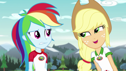 Size: 1280x720 | Tagged: safe, screencap, character:applejack, character:rainbow dash, equestria girls:legend of everfree, g4, my little pony:equestria girls, camp everfree outfits, clothing, cowboy hat, freckles, hat, open mouth, scenery, stetson