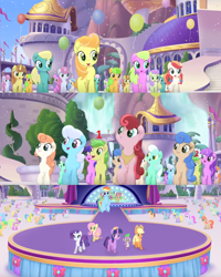 Size: 850x1062 | Tagged: safe, screencap, character:amethyst star, character:apple fritter, character:applejack, character:cantaloupe, character:dawn sunrays, character:fluttershy, character:linky, character:lyra heartstrings, character:melody star, character:nougat praliné, character:rainbow dash, character:rarity, character:shoeshine, character:sparkler, character:spike, character:twilight sparkle, character:twilight sparkle (alicorn), species:alicorn, species:dragon, species:earth pony, species:pegasus, species:pony, species:unicorn, my little pony: the movie (2017), apple family member, aqua cascade, background pony, balloon, blueberry fritter, button bounce, canterlot, chocolate apple, clones, concordia, cornsilk, crowd, female, glitter glow, male, mare, oasis waterfall, pastel prancer, riverwalk, stage, stallion, sweet strum, toadstool blossom, unnamed pony, wind whistler (g4)