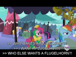 Size: 640x480 | Tagged: safe, screencap, character:pinkie pie, character:rainbow dash, character:twilight sparkle, episode:the crystal empire, g4, my little pony: friendship is magic, amber waves, closed captioning, crystal fair con, flugelhorn, hub logo, jester, jester pie, spelling