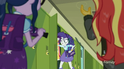 Size: 400x225 | Tagged: safe, screencap, character:rarity, character:sunset shimmer, character:twilight sparkle, character:twilight sparkle (scitwi), species:eqg human, episode:monday blues, eqg summertime shorts, g4, my little pony:equestria girls, animated, canterlot high, crying, discovery family logo, geode of shielding, geode of telekinesis, gif, hair curlers, lockers, magical geodes, marshmelodrama