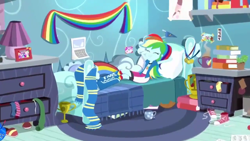Size: 1920x1080 | Tagged: safe, screencap, character:rainbow dash, episode:leaping off the page, eqg summertime shorts, g4, my little pony:equestria girls, bedroom, book, boots, cactus, calendar, clothing, compression shorts, converse, cute, medals, music notes, picture frame, scarf, shoes, skirt, trophy