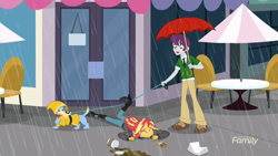 Size: 1920x1080 | Tagged: safe, screencap, character:indigo wreath, character:sunset shimmer, species:dog, episode:monday blues, eqg summertime shorts, g4, my little pony:equestria girls, blue dog, indigo wreath, rain, raincoat, umbrella