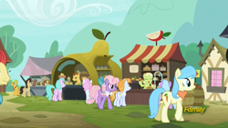 Size: 1920x1080 | Tagged: safe, screencap, character:chelsea porcelain, character:dinky hooves, character:geri, character:grand pear, character:granny smith, character:pearly stitch, character:vibrant melody, species:earth pony, species:pony, episode:the perfect pear, g4, my little pony: friendship is magic, background pony, bow, braid, braided ponytail, braided tail, clothing, discovery family logo, female, honey bulb, ivy jive, jewel shower, male, mare, neckerchief, rainy days, spring harvest, stallion, vendor stall, young granny smith, younger
