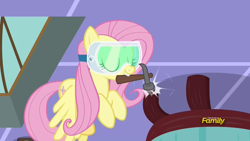 Size: 1920x1080 | Tagged: safe, screencap, character:fluttershy, species:pony, episode:discordant harmony, g4, my little pony: friendship is magic, ceiling, discovery family logo, goggles, hammer, solo, table
