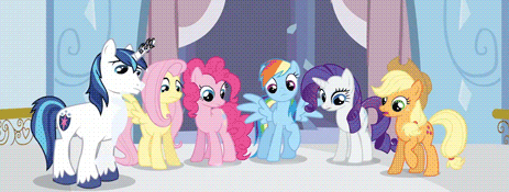 Size: 463x175 | Tagged: safe, screencap, character:applejack, character:fluttershy, character:pinkie pie, character:rainbow dash, character:rarity, character:shining armor, species:crystal pony, species:earth pony, species:pegasus, species:pony, species:unicorn, episode:the crystal empire, g4, my little pony: friendship is magic, animated, crystal rarity, crystallized, female, frown, grin, male, mare, open mouth, raised eyebrow, raised hoof, raised leg, smiling, spread wings, stallion, wide eyes, wings