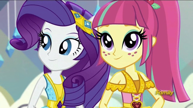 Size: 640x360 | Tagged: safe, screencap, character:pinkie pie, character:rainbow dash, character:rarity, character:sour sweet, equestria girls:dance magic, g4, my little pony:equestria girls, animated, clothing, cute, discovery family logo, eyeshadow, freckles, gif, hat, makeup, one eye closed, ponied up, raribetes, smiling, sourbetes, wink