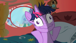 Size: 1280x720 | Tagged: safe, screencap, character:twilight sparkle, species:pony, species:unicorn, episode:lesson zero, g4, my little pony: friendship is magic, inside, library, messy mane, shrug, solo, twilight snapple