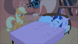 Size: 1280x720 | Tagged: safe, screencap, character:applejack, character:rarity, species:pony, episode:look before you sleep, g4, my little pony: friendship is magic, animated, bed, sleeping, sound, webm