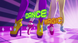 Size: 1912x1072 | Tagged: safe, screencap, character:pinkie pie, character:rainbow dash, character:rarity, equestria girls:dance magic, g4, my little pony:equestria girls, ballet slippers, clothing, converse, high heels, intro, legs, logo, opening, pointe, rapper pie, shoes, sneakers, title card